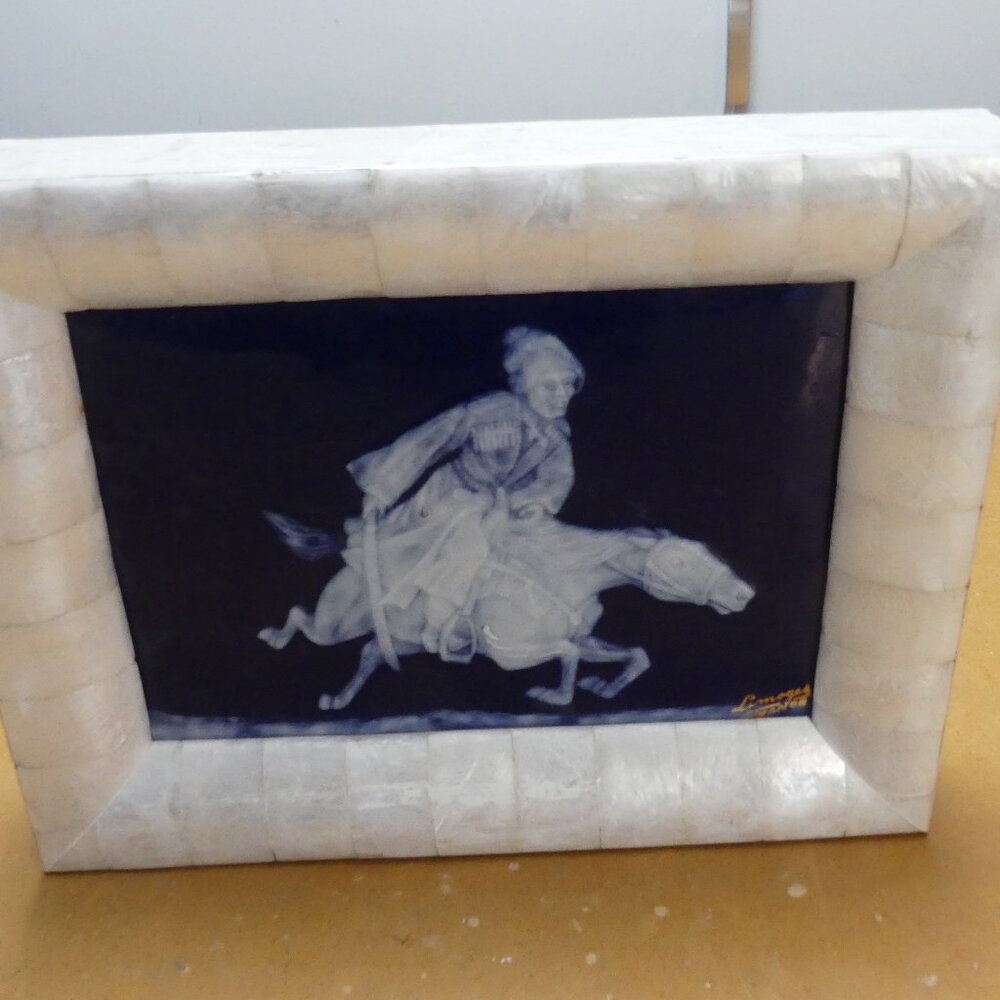 Rare Antique Pate sur Pate framed tile  Limoge France warrior on horse 9x7x1.25"